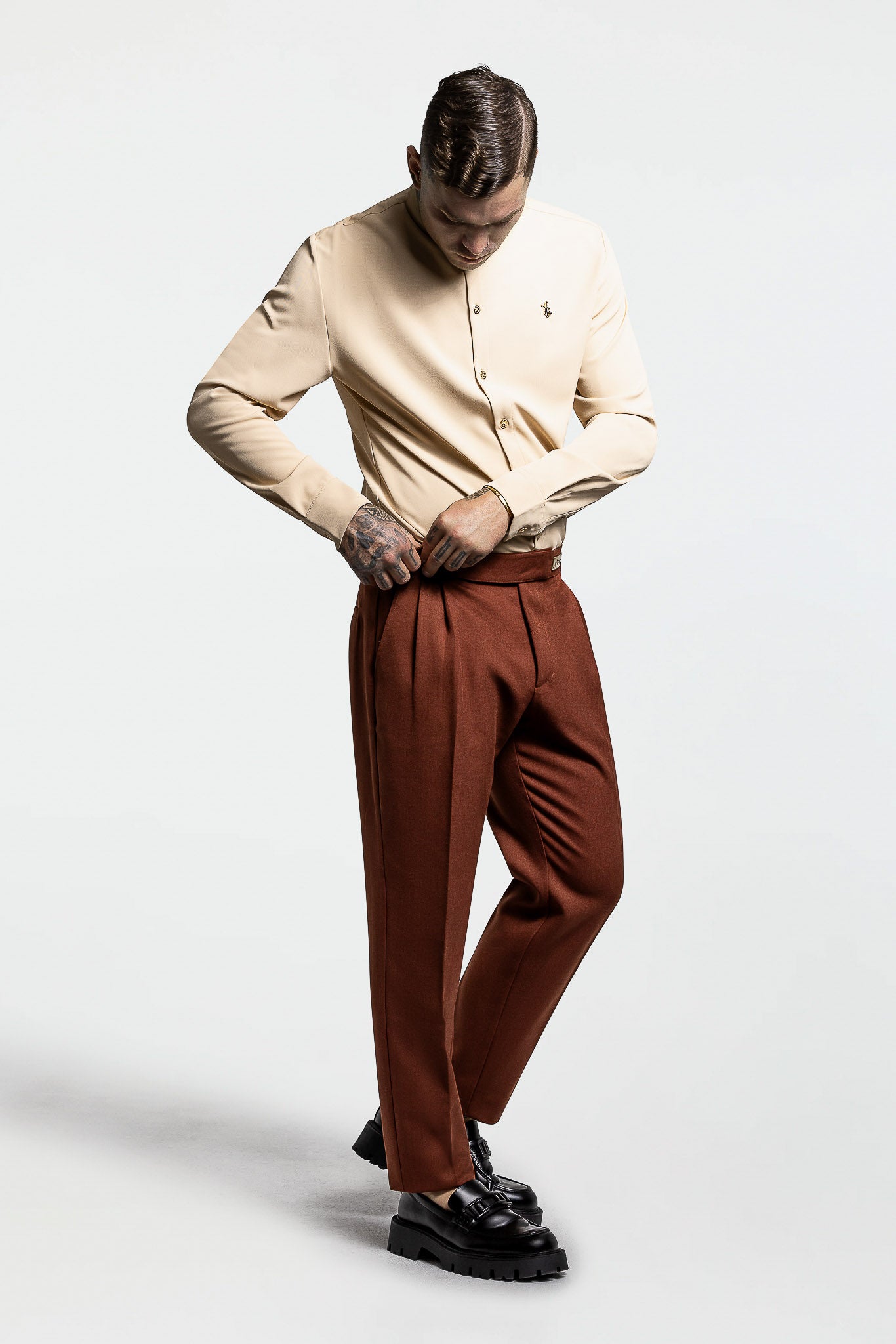 GRANDAD COLLAR SHIRT – BEIGE