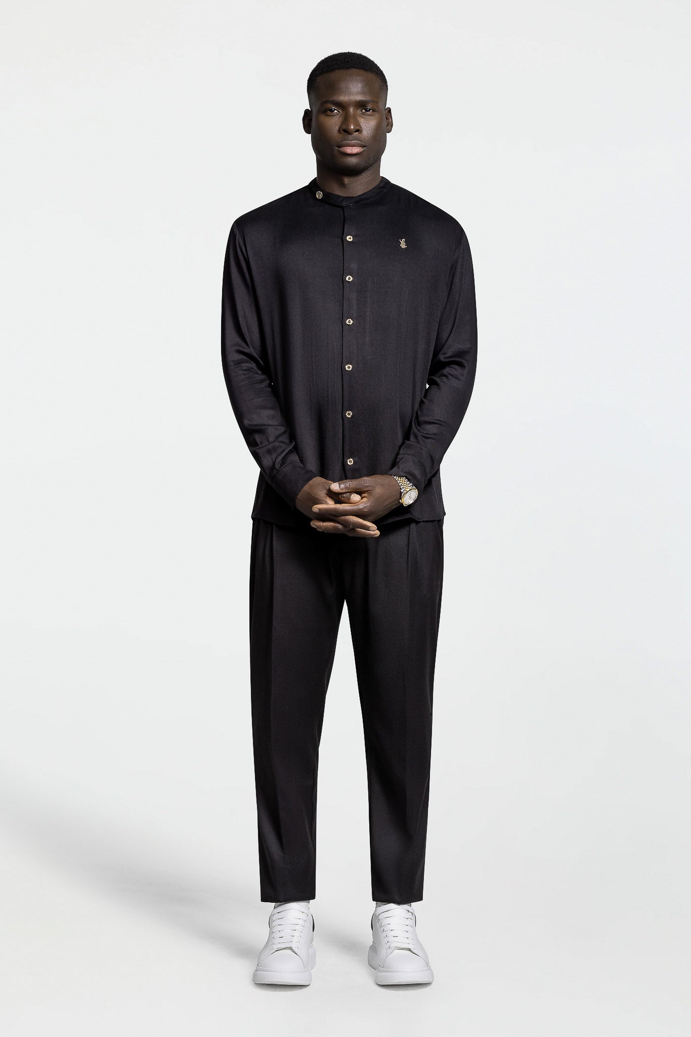 SIDE BUTTON GRANDAD COLLAR SHIRT – BLACK