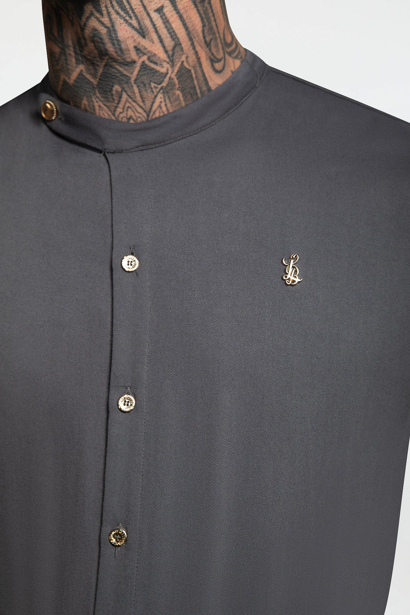 SIDE BUTTON GRANDAD COLLAR SHIRT – DARK GREY