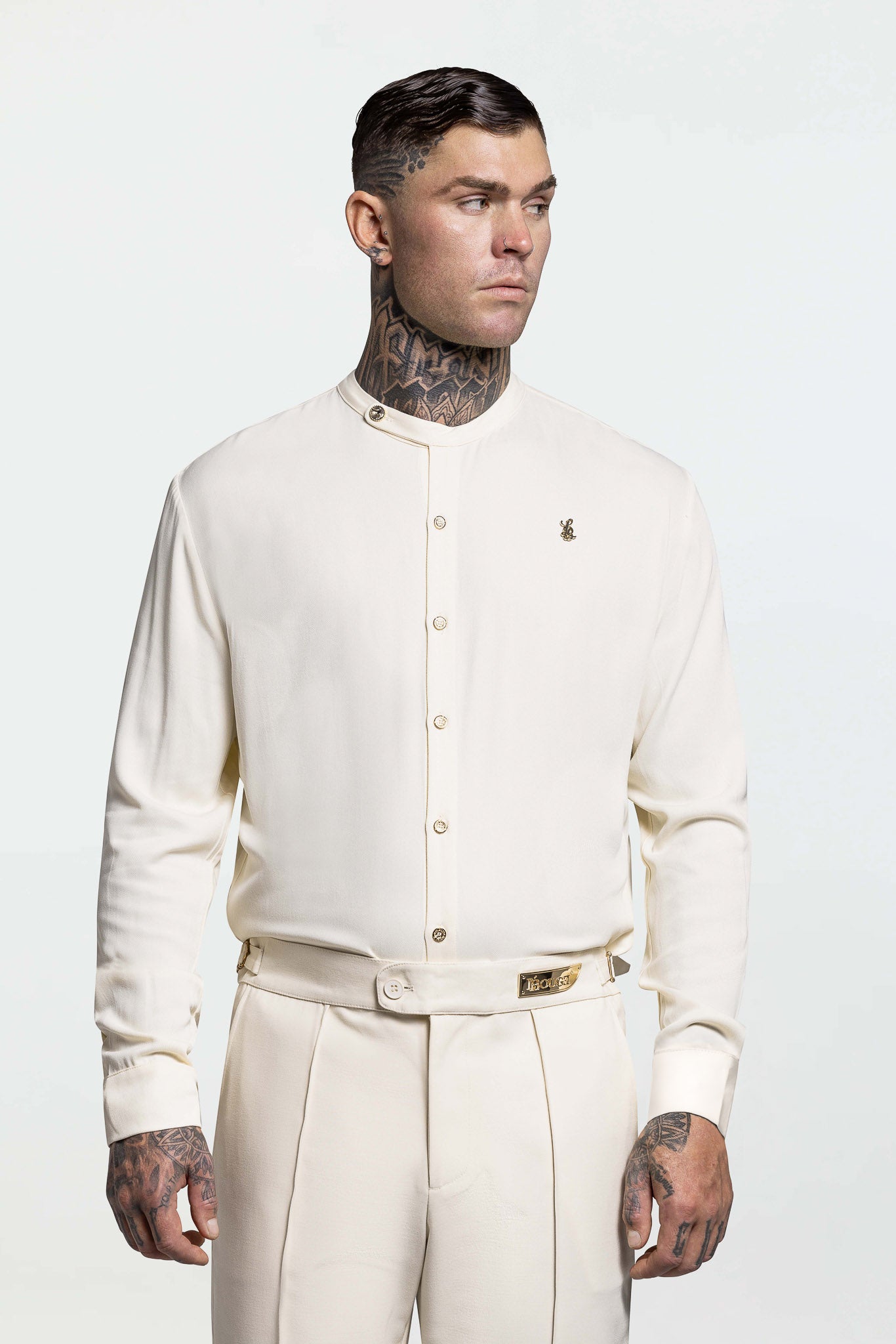 SIDE BUTTON GRANDAD COLLAR SHIRT – ECRU