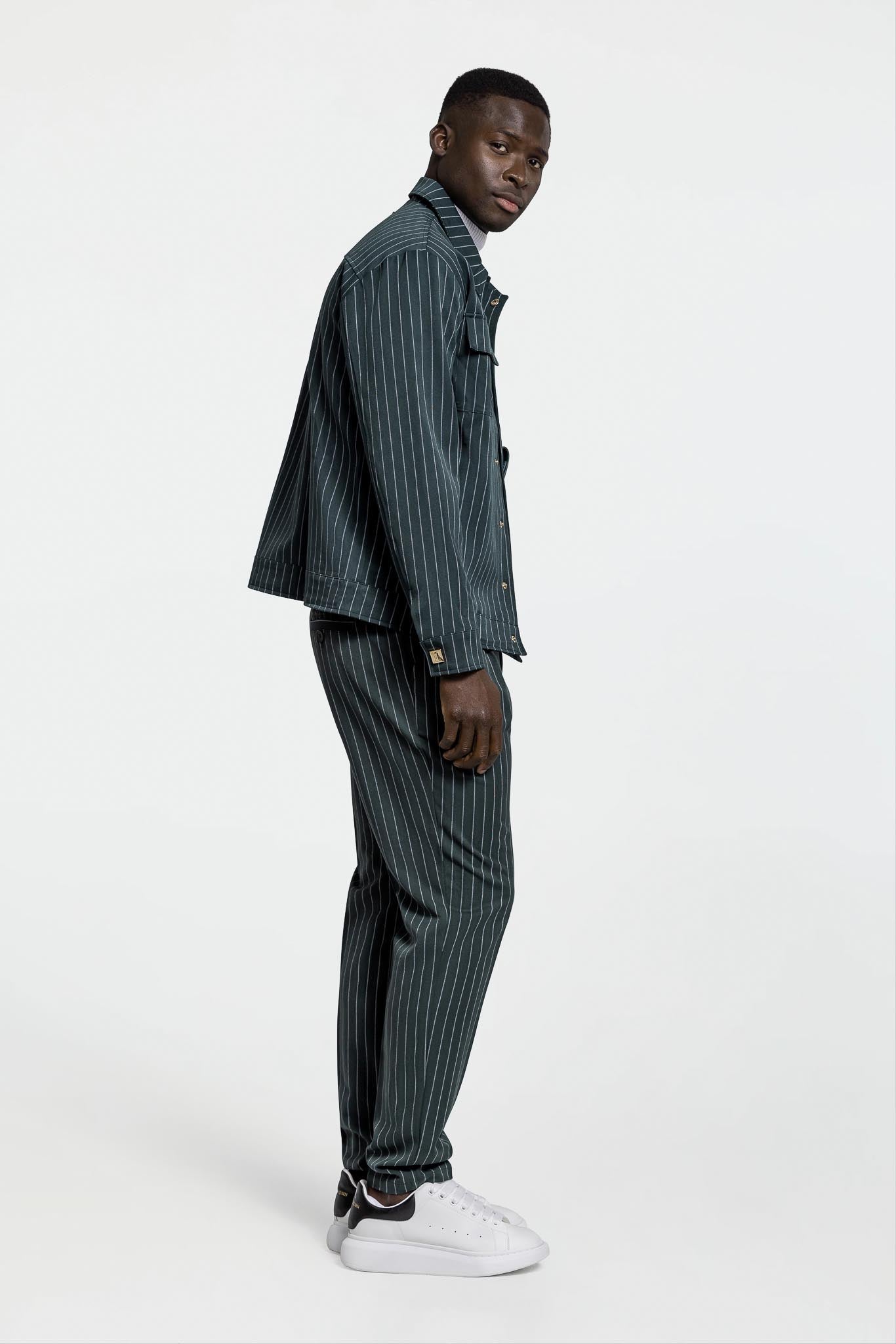 PLEATED PANTS – GREEN PINSTRIPE