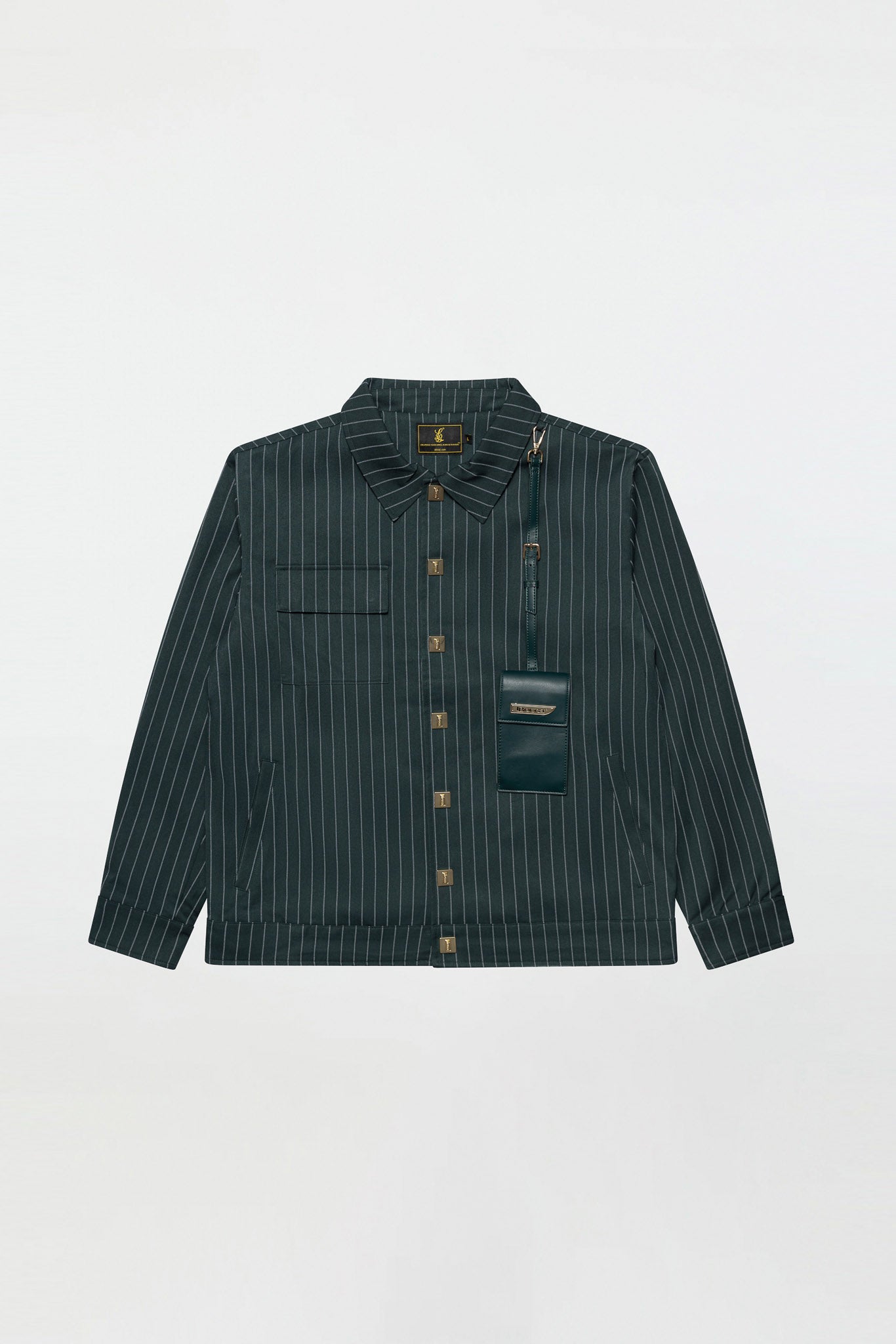 LEATHER STRAPPED JACKET – GREEN PINSTRIPE