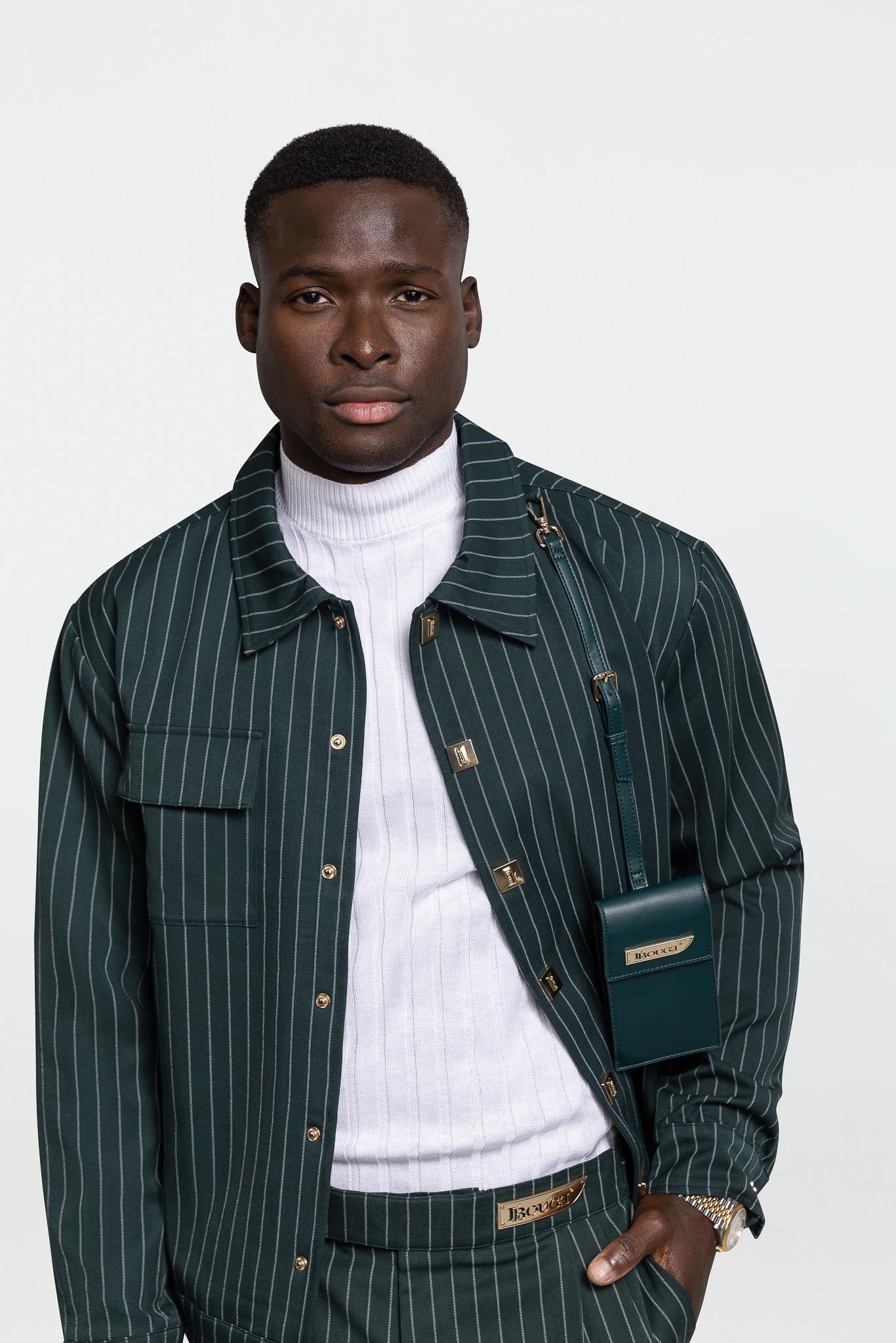 LEATHER STRAPPED JACKET – GREEN PINSTRIPE