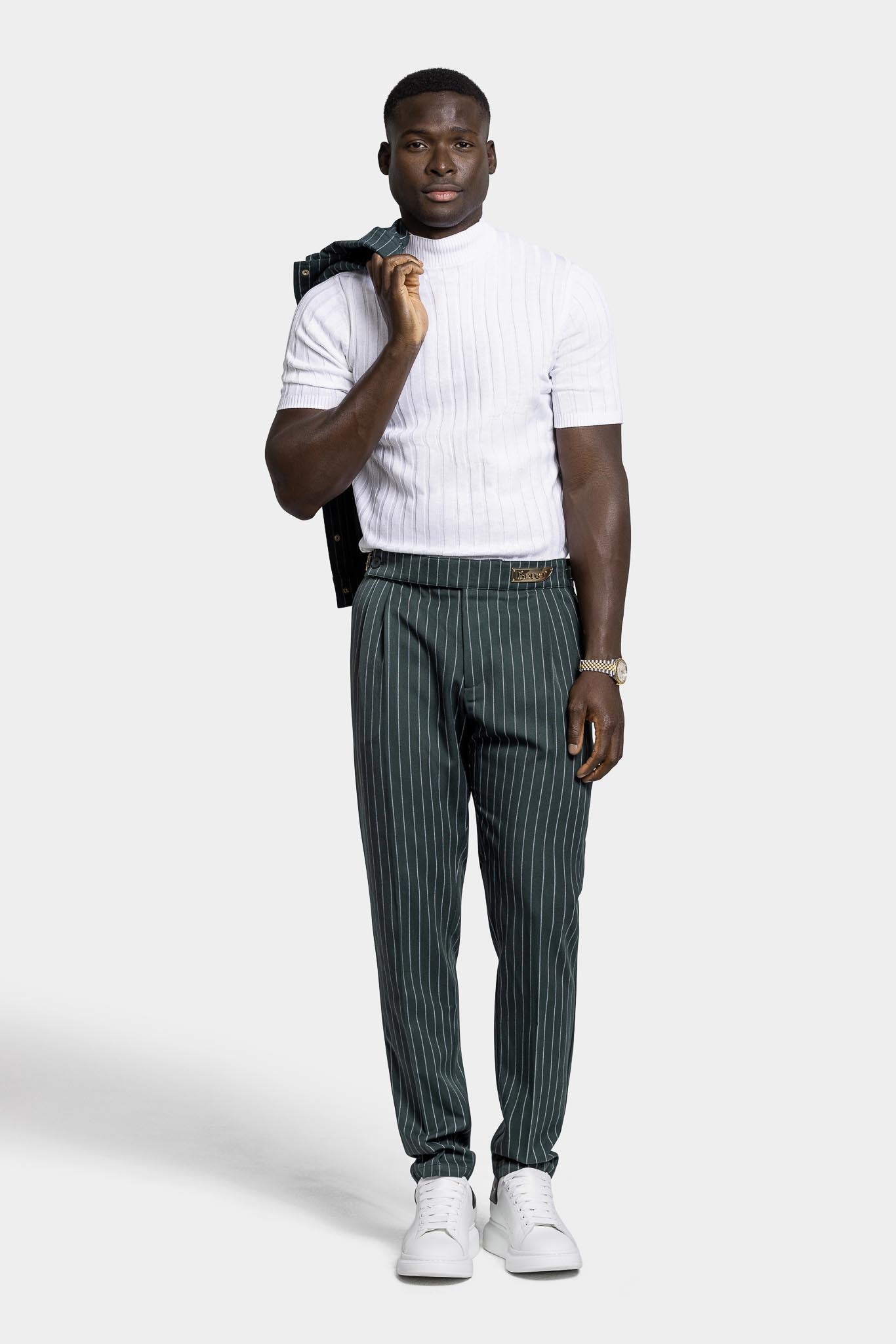 PLEATED PANTS – GREEN PINSTRIPE