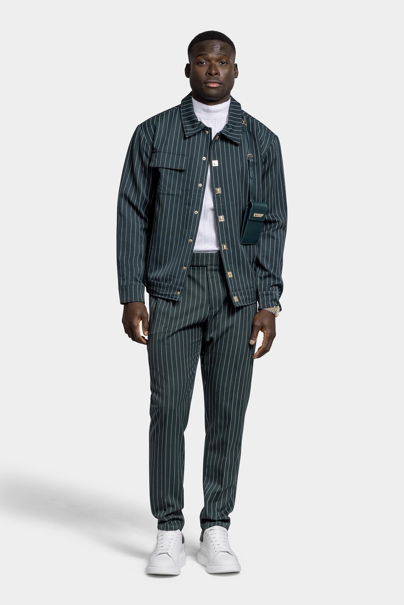 LEATHER STRAPPED JACKET – GREEN PINSTRIPE