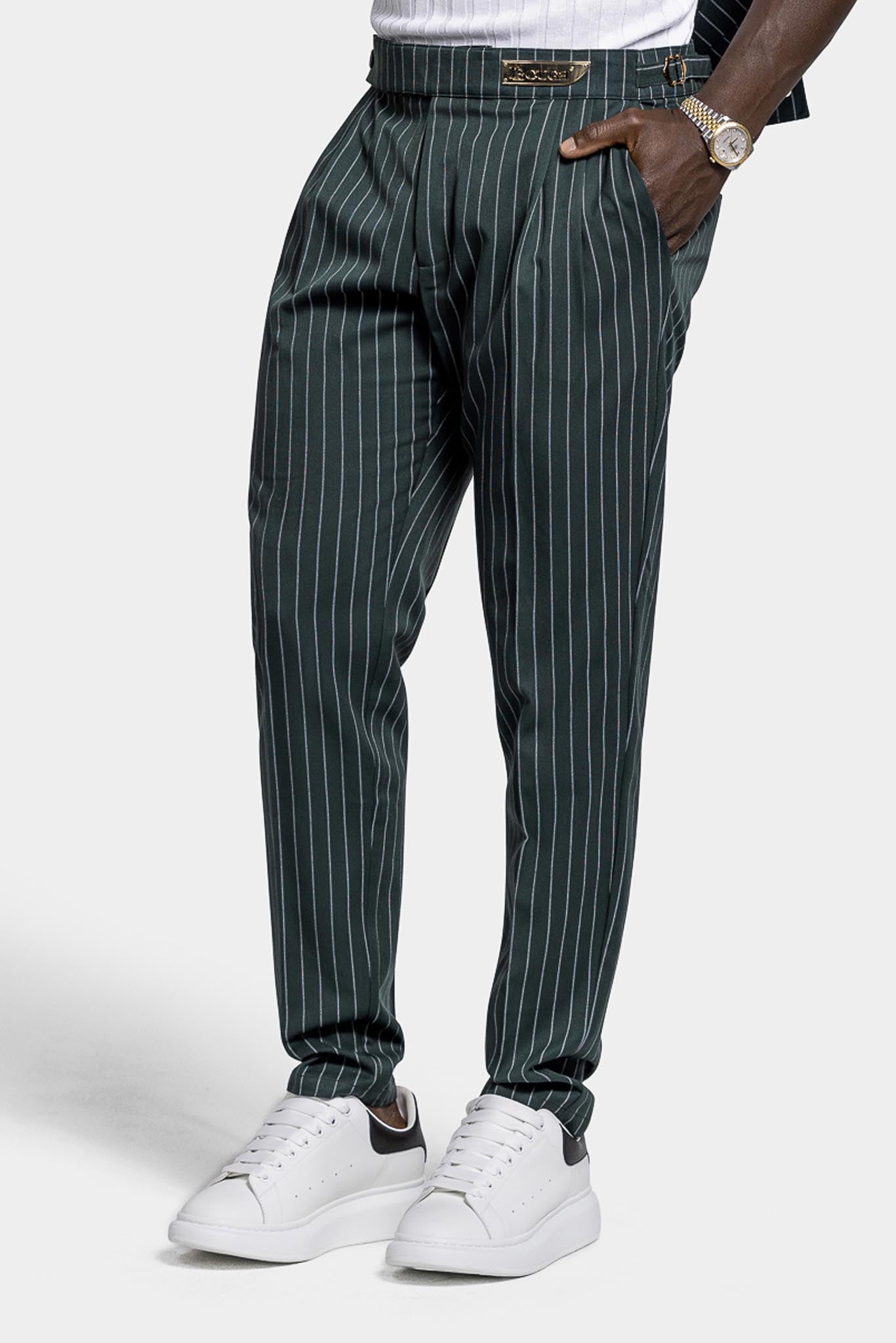 PLEATED PANTS – GREEN PINSTRIPE