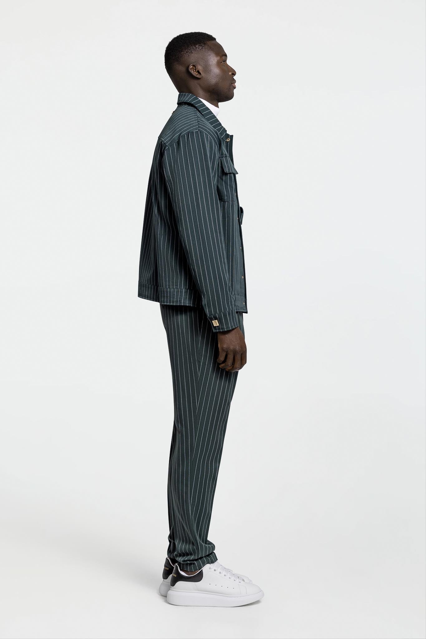 LEATHER STRAPPED JACKET – GREEN PINSTRIPE