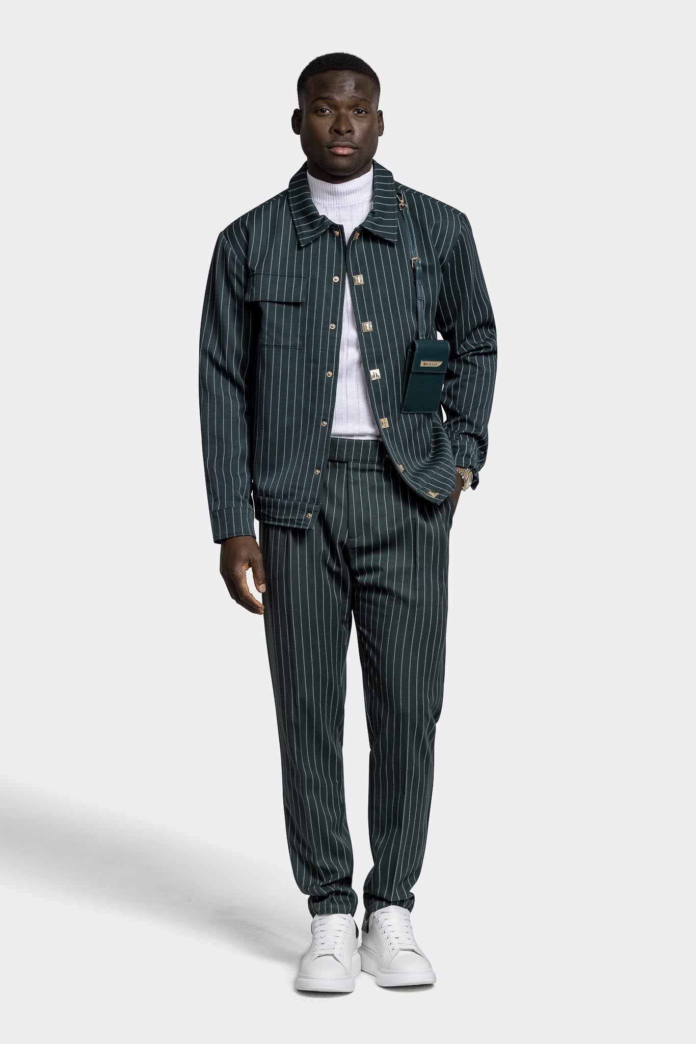 LEATHER STRAPPED JACKET – GREEN PINSTRIPE