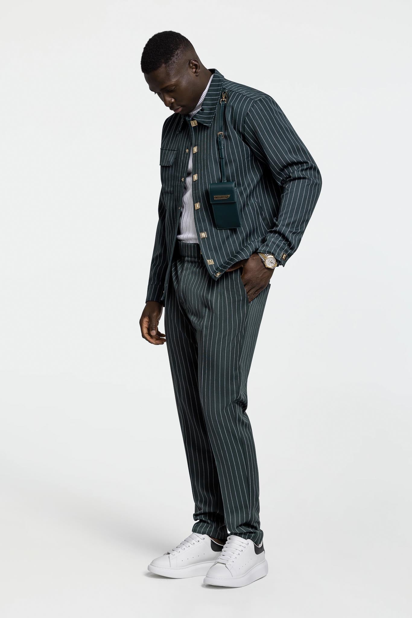 PLEATED PANTS – GREEN PINSTRIPE