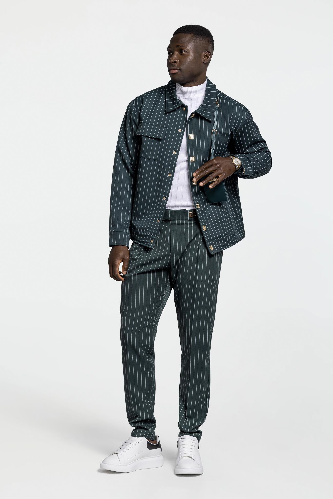 LEATHER STRAPPED JACKET – GREEN PINSTRIPE