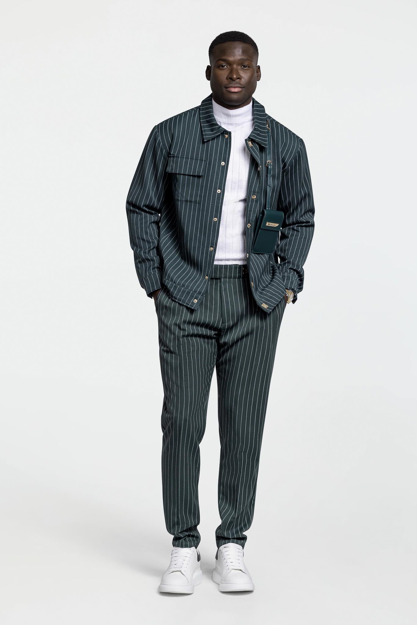 PLEATED PANTS – GREEN PINSTRIPE