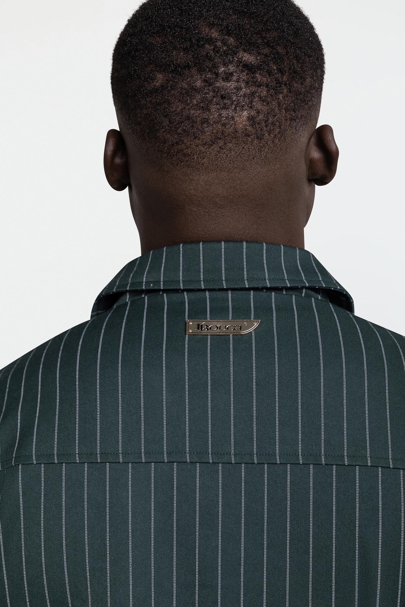 LEATHER STRAPPED JACKET – GREEN PINSTRIPE