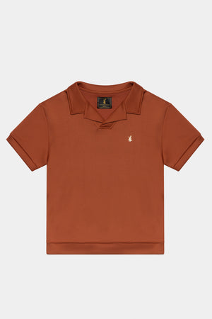 STRETCH COTTON REVERE COLLAR POLO SHIRT – BURNT SIENNA
