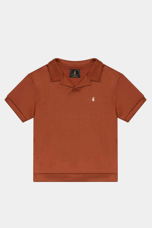 STRETCH COTTON REVERE COLLAR POLO SHIRT – BURNT SIENNA